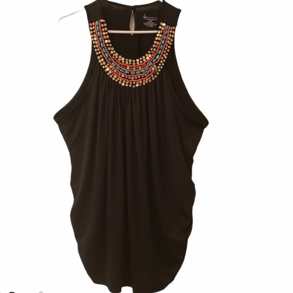 Lane Bryant Beaded Tank Top 26/28 Ruched Sides Black w/Beaded Neckline